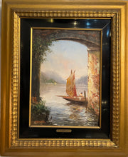 Carica l'immagine nel visualizzatore di Gallery, Dipinto antico olio su tavola, scorcio di paesaggio lacustre, F. Mancini, XIX secolo