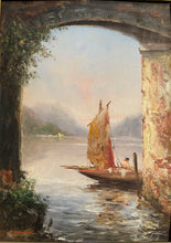 Carica l'immagine nel visualizzatore di Gallery, Dipinto antico olio su tavola, scorcio di paesaggio lacustre, F. Mancini, XIX secolo