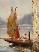 Carica l'immagine nel visualizzatore di Gallery, Dipinto antico olio su tavola, scorcio di paesaggio lacustre, F. Mancini, XIX secolo