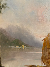 Carica l'immagine nel visualizzatore di Gallery, Dipinto antico olio su tavola, scorcio di paesaggio lacustre, F. Mancini, XIX secolo