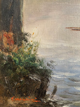 Carica l'immagine nel visualizzatore di Gallery, Dipinto antico olio su tavola, scorcio di paesaggio lacustre, F. Mancini, XIX secolo