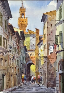 Dipinto acquerello su tavola, Firenze, Via Vinegia, firmato Ospitali, XX secolo