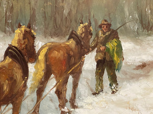 Dipinto olio su tela XX, "Nevicata al parco", firmato C. Vergani
