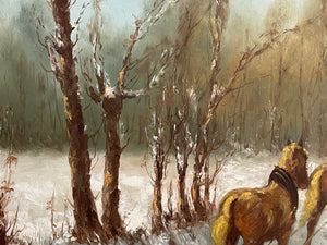 Dipinto olio su tela XX, "Nevicata al parco", firmato C. Vergani