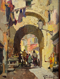 Dipinto olio su tavoletta, Borgo di Napoli, Giordano Felice
