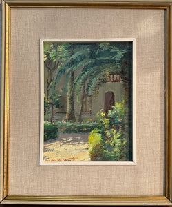 Dipinto olio su tavoletta, interno di corte, eseguito e firmato Cavasanti, 1962