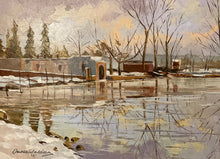 Carica l&#39;immagine nel visualizzatore di Gallery, Dipinto olio su tavola raffiugurante nevicata, titolo “Lago di Monate”, epoca XX secolo, firmato Onorato Caldera
