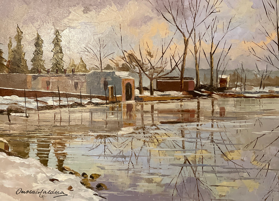 Dipinto olio su tavola raffiugurante nevicata, titolo “Lago di Monate”, epoca XX secolo, firmato Onorato Caldera