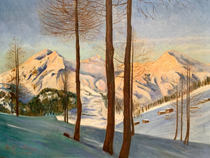 Dipinto olio su tela "Montagne innevate", fine XIX secolo